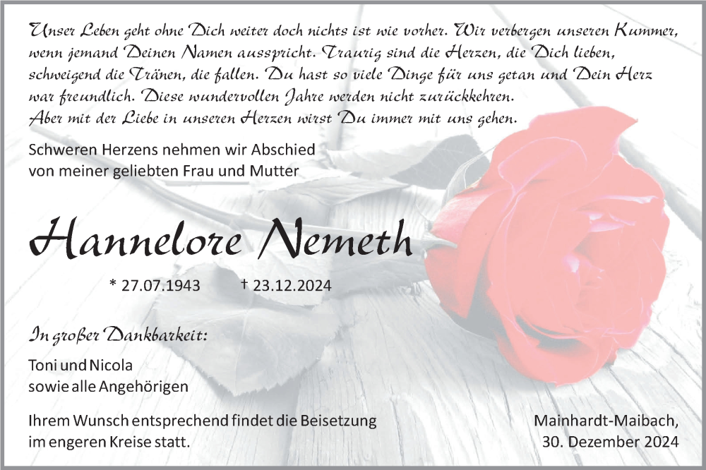  Traueranzeige für Hannelore Nemeth vom 30.12.2024 aus Haller Tagblatt