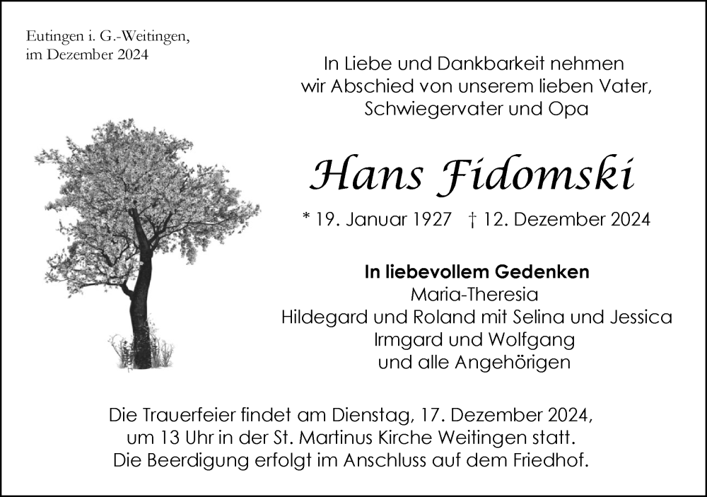  Traueranzeige für Hans Fidomski vom 14.12.2024 aus Neckar-Chronik