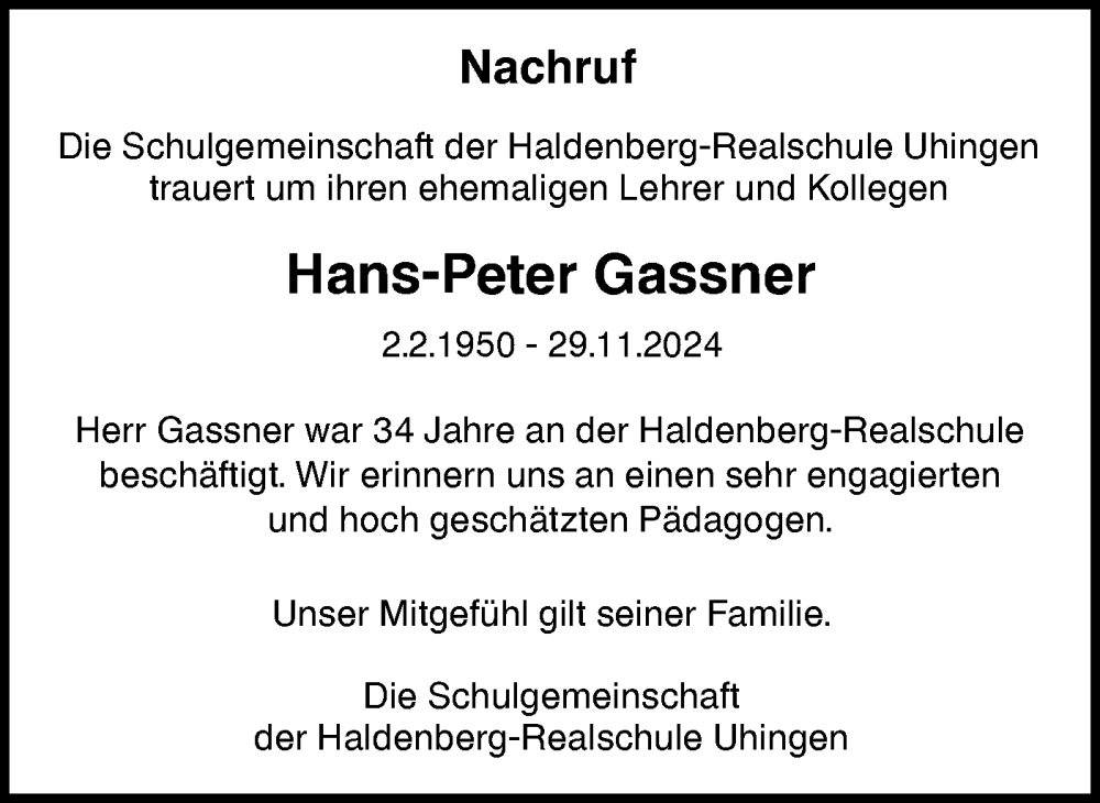  Traueranzeige für Hans-Peter Gassner vom 13.12.2024 aus NWZ Neue Württembergische Zeitung