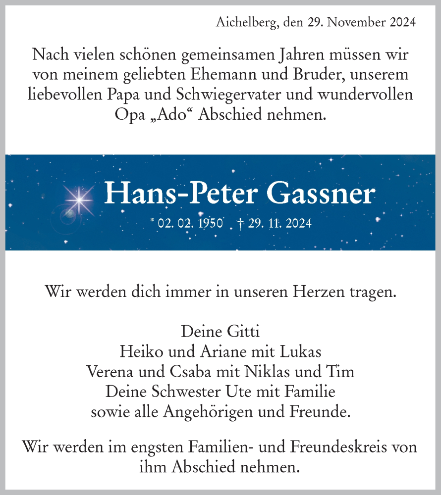  Traueranzeige für Hans-Peter Gassner vom 07.12.2024 aus NWZ Neue Württembergische Zeitung