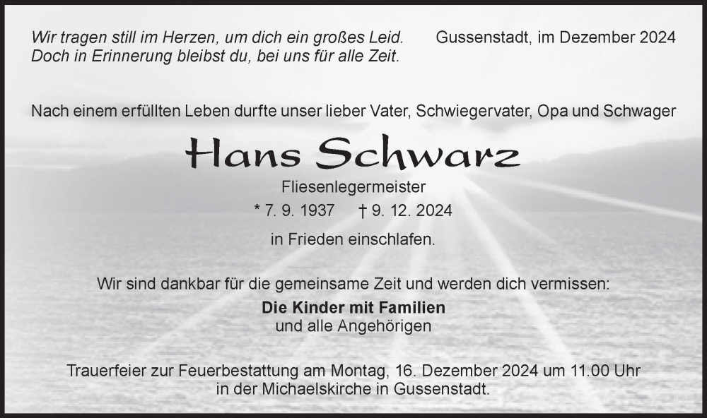  Traueranzeige für Hans Schwarz vom 12.12.2024 aus Geislinger Zeitung