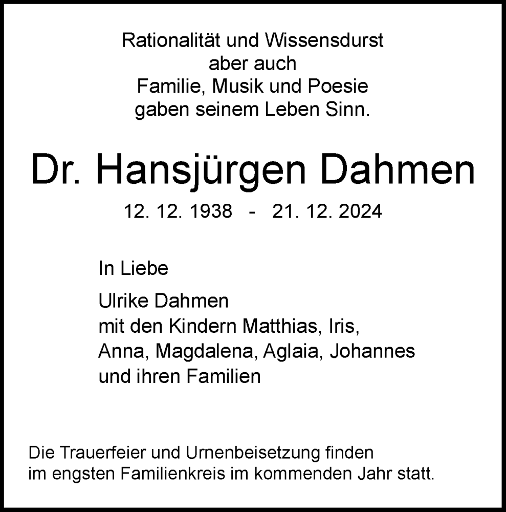  Traueranzeige für Hansjürgen Dahmen vom 24.12.2024 aus Schwäbische Tagblatt