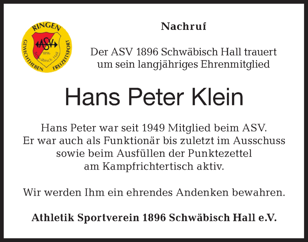  Traueranzeige für Hans Peter Klein vom 07.12.2024 aus Haller Tagblatt