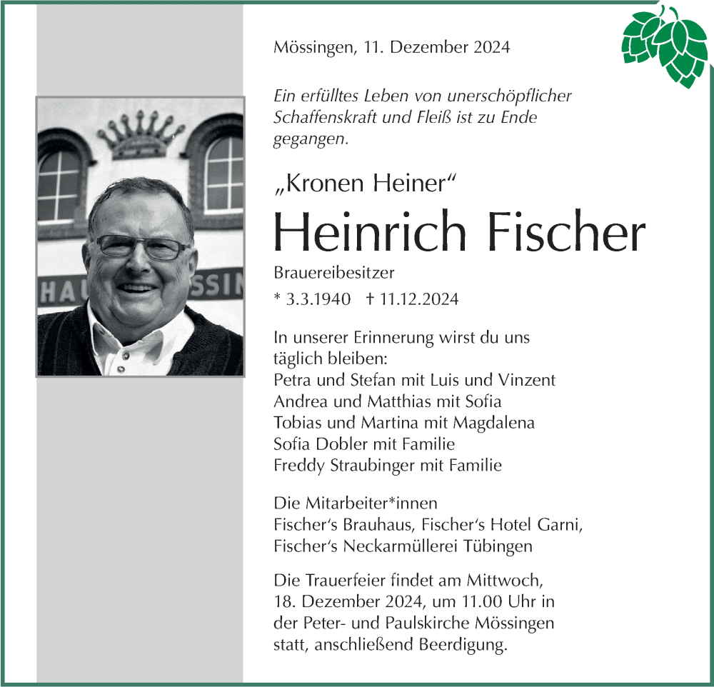  Traueranzeige für Heinrich Fischer vom 14.12.2024 aus Schwäbische Tagblatt