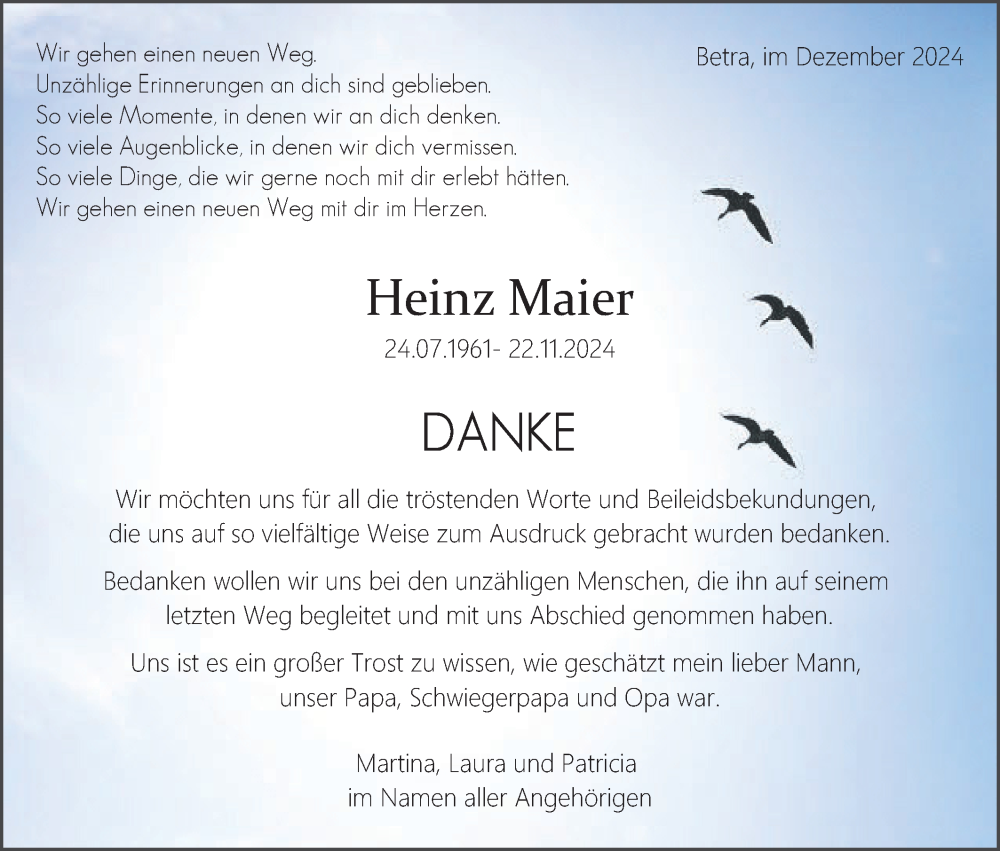  Traueranzeige für Heinz Maier vom 14.12.2024 aus Neckar-Chronik