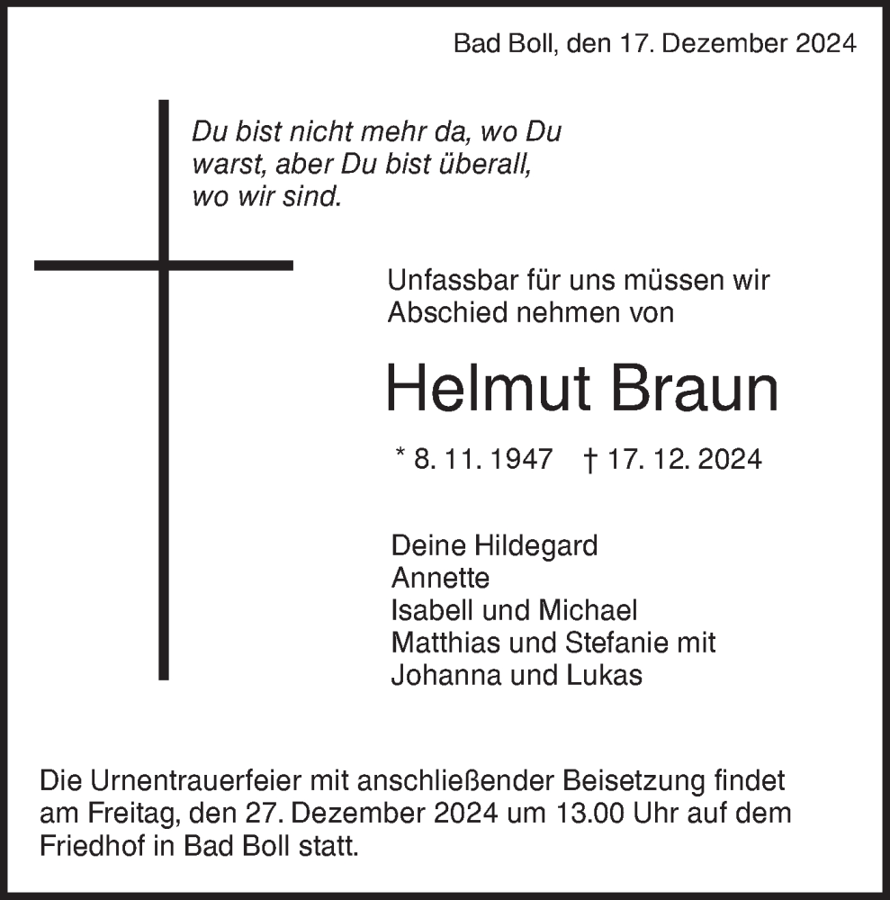  Traueranzeige für Helmut Braun vom 21.12.2024 aus NWZ Neue Württembergische Zeitung