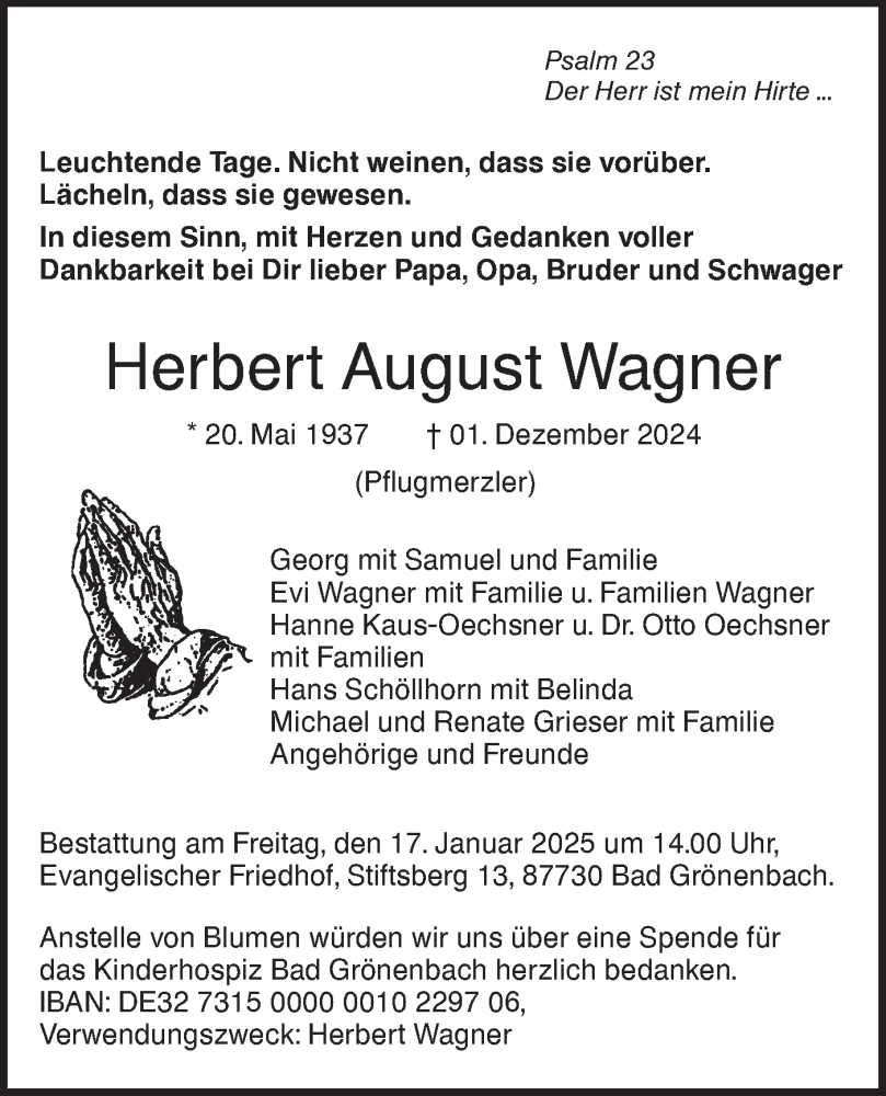  Traueranzeige für Herbert August Wagner vom 14.12.2024 aus SÜDWEST PRESSE Ausgabe Ulm/Neu-Ulm