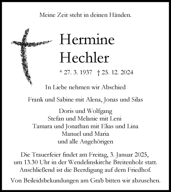 Traueranzeige von Hermine Hechler von Schwäbische Tagblatt