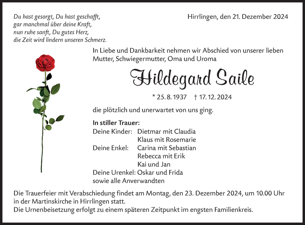  Traueranzeige für Hildegard Saile vom 21.12.2024 aus Schwäbische Tagblatt