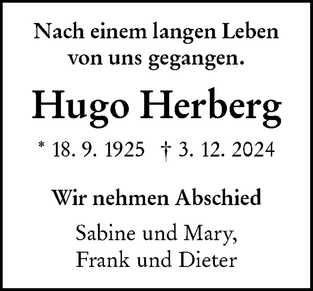  Traueranzeige für Hugo Herberg vom 24.12.2024 aus NWZ Neue Württembergische Zeitung