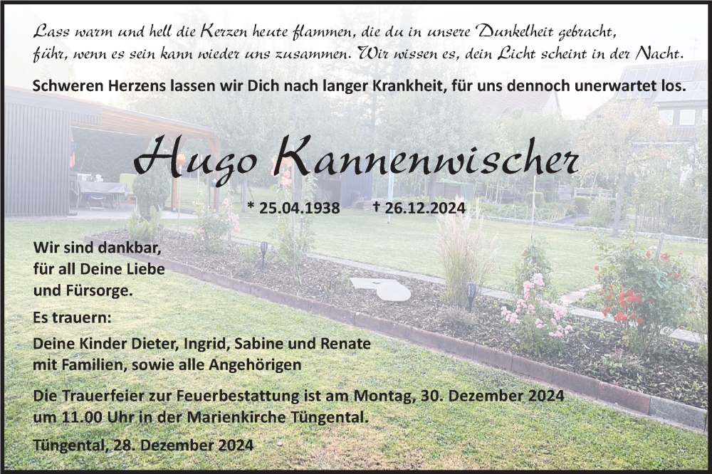  Traueranzeige für Hugo Kannenwischer vom 28.12.2024 aus Haller Tagblatt