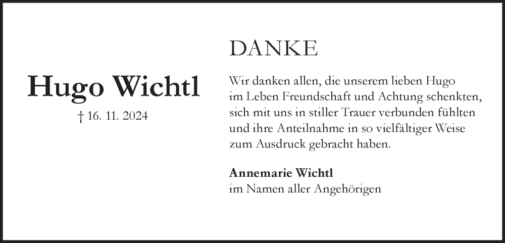  Traueranzeige für Hugo Wichtl vom 21.12.2024 aus Geislinger Zeitung