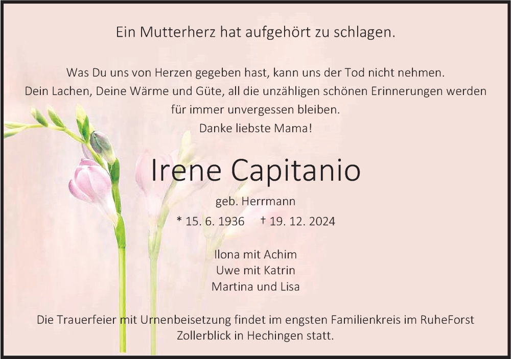  Traueranzeige für Irene Capitanio vom 24.12.2024 aus SÜDWEST PRESSE Zollernalbkreis/Hohenzollerische Zeitung