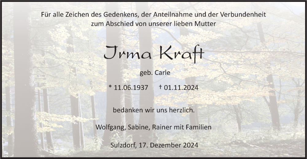  Traueranzeige für Irma Kraft vom 17.12.2024 aus Haller Tagblatt