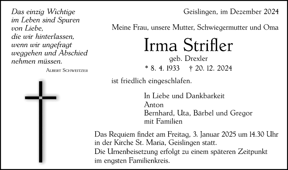 Traueranzeige für Irma Strifler vom 28.12.2024 aus Geislinger Zeitung