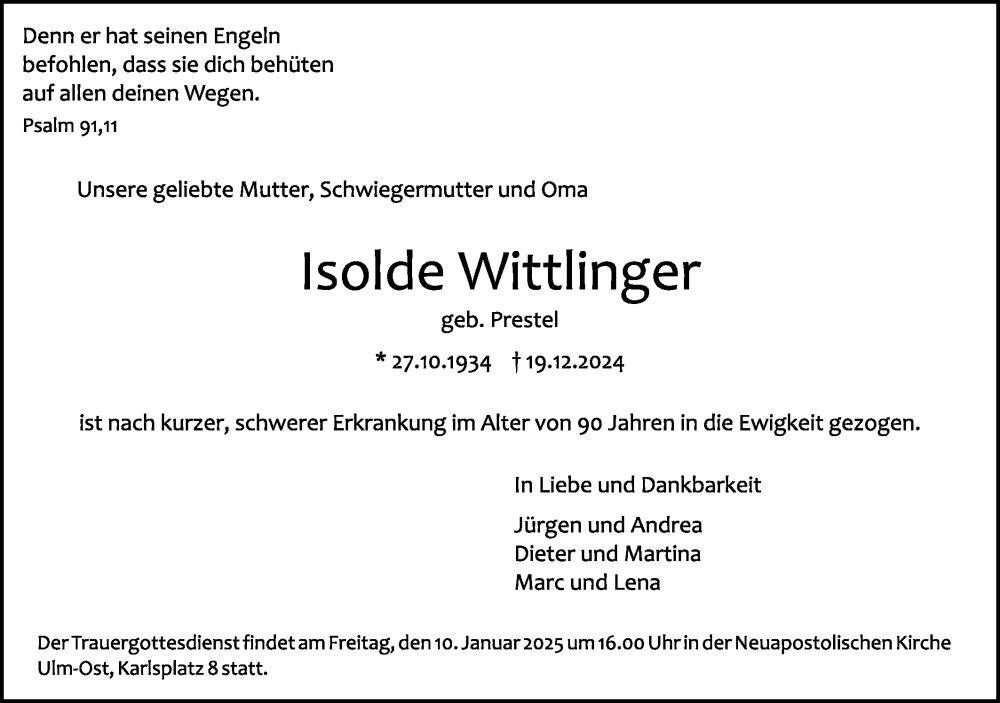  Traueranzeige für Isolde Wittlinger vom 28.12.2024 aus SÜDWEST PRESSE Ausgabe Ulm/Neu-Ulm