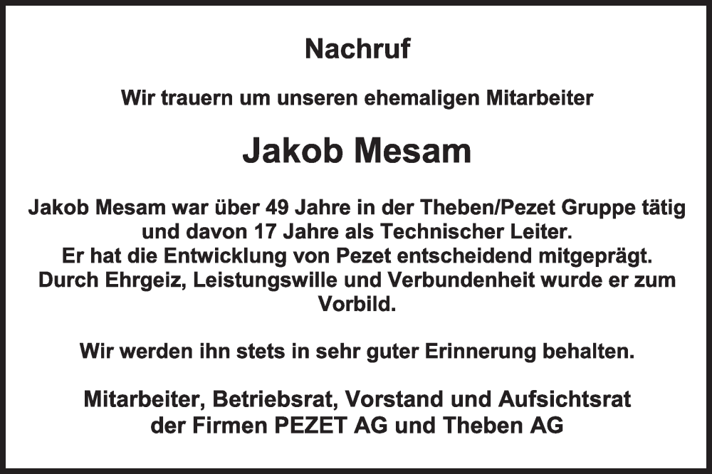  Traueranzeige für Jakob Mesam vom 06.12.2024 aus SÜDWEST PRESSE Zollernalbkreis/Hohenzollerische Zeitung
