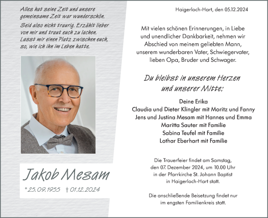 Traueranzeige von Jakob Mesam von SÜDWEST PRESSE Zollernalbkreis/Hohenzollerische Zeitung