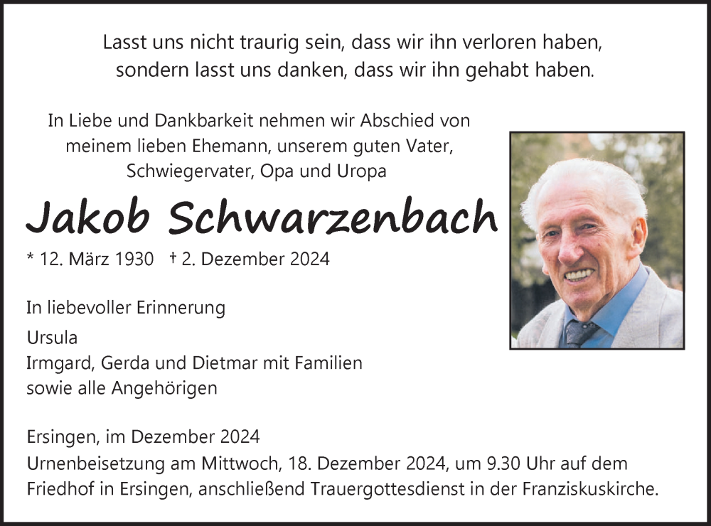  Traueranzeige für Jakob Schwarzenbach vom 14.12.2024 aus Ehinger Tagblatt