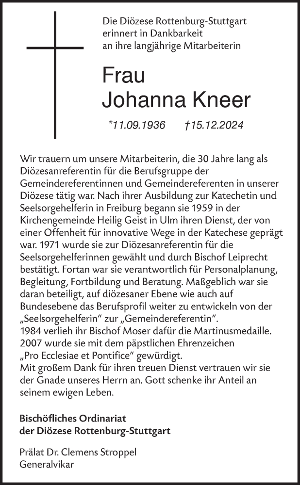  Traueranzeige für Johanna Kneer vom 21.12.2024 aus Schwäbische Tagblatt
