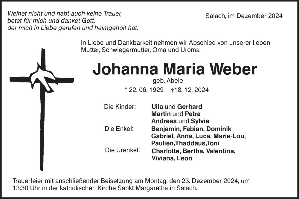  Traueranzeige für Johanna Maria Weber vom 21.12.2024 aus NWZ Neue Württembergische Zeitung