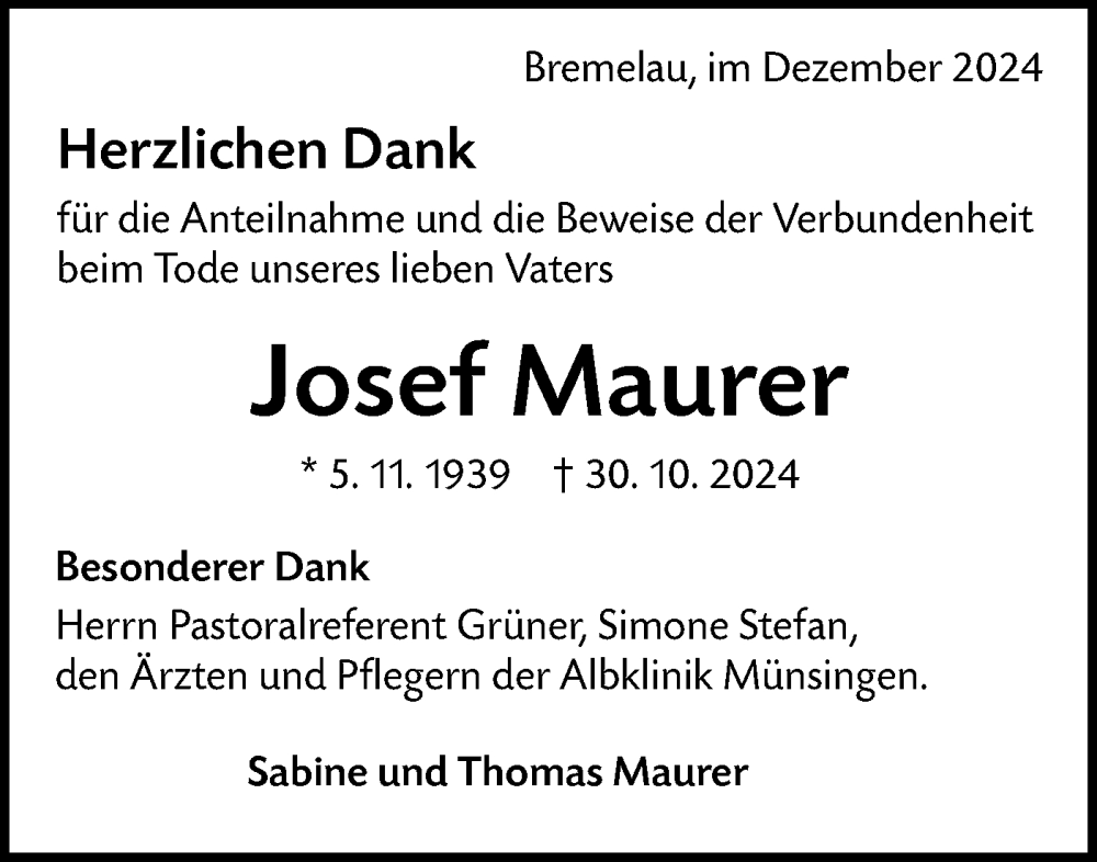  Traueranzeige für Josef Maurer vom 19.12.2024 aus Alb-Bote/Metzinger-Uracher Volksblatt