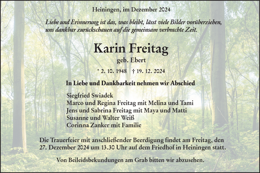  Traueranzeige für Karin Freitag vom 21.12.2024 aus NWZ Neue Württembergische Zeitung