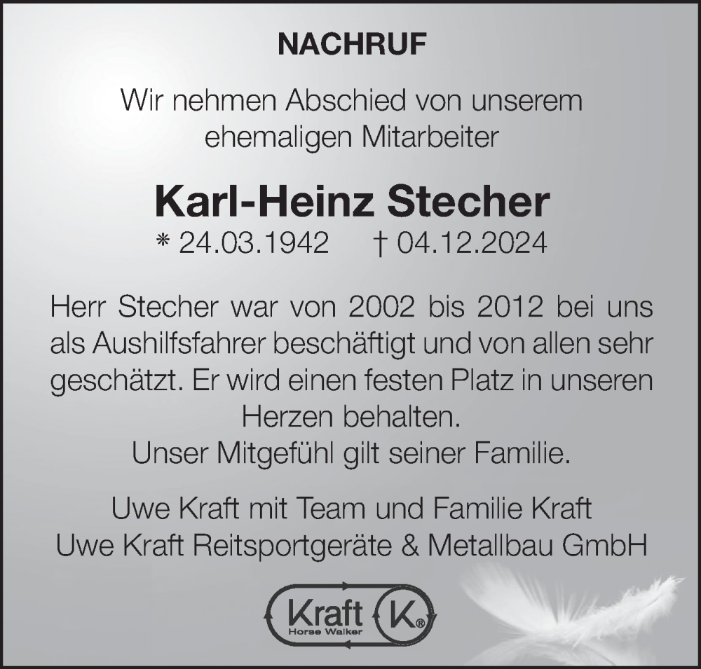  Traueranzeige für Karl-Heinz Stecher vom 13.12.2024 aus Hohenloher Tagblatt