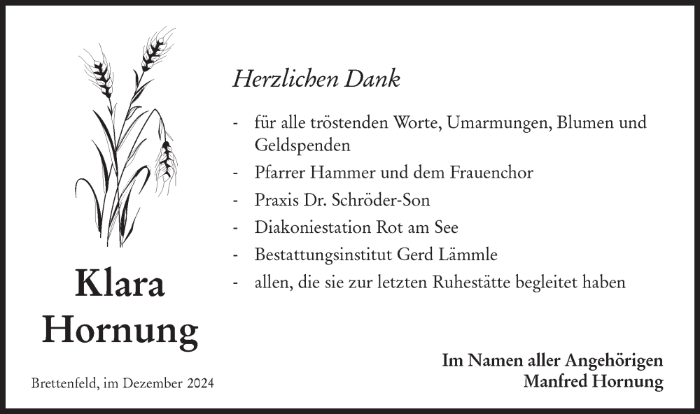  Traueranzeige für Klara Hornung vom 13.12.2024 aus Hohenloher Tagblatt