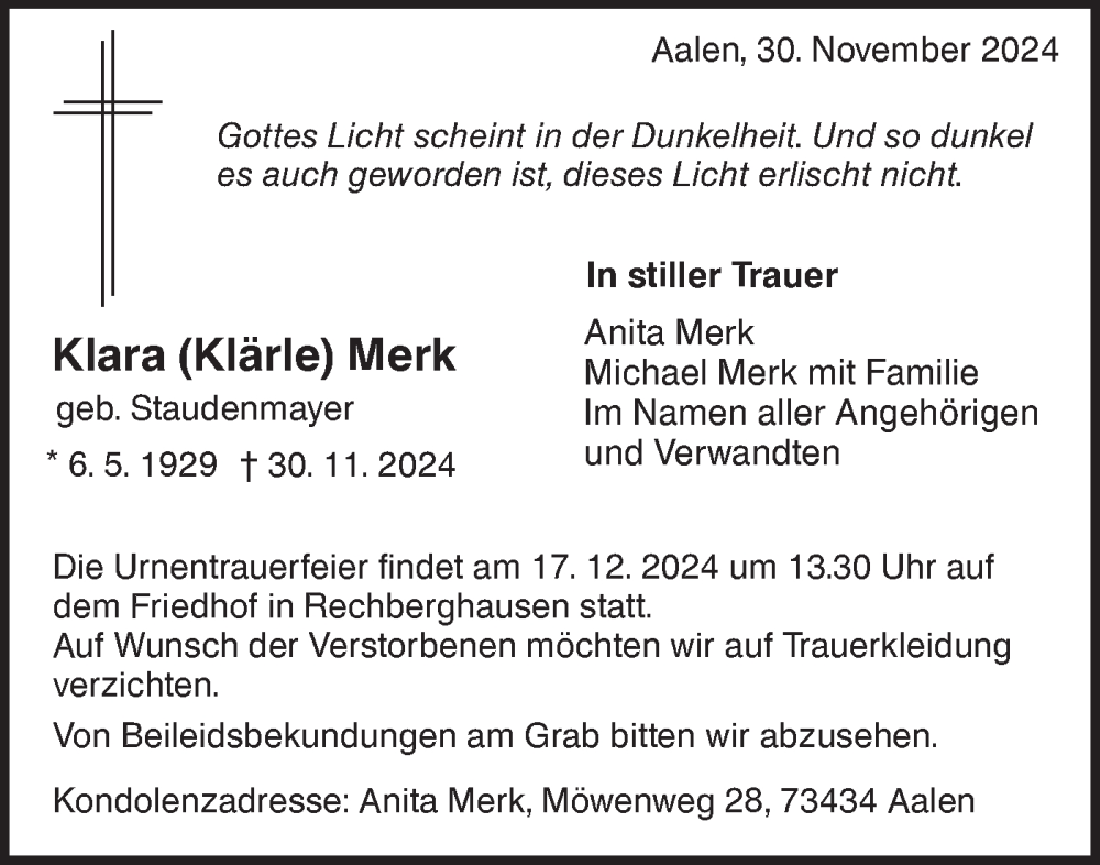  Traueranzeige für Klara Merk vom 13.12.2024 aus NWZ Neue Württembergische Zeitung