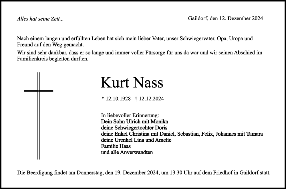  Traueranzeige für Kurt Nass vom 17.12.2024 aus Rundschau Gaildorf