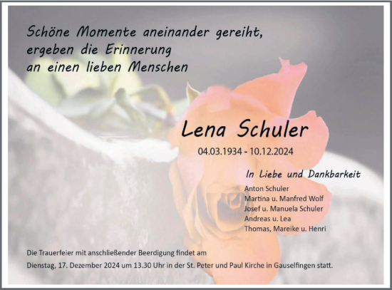 Traueranzeige von Lena Schuler von SÜDWEST PRESSE Zollernalbkreis/Hohenzollerische Zeitung