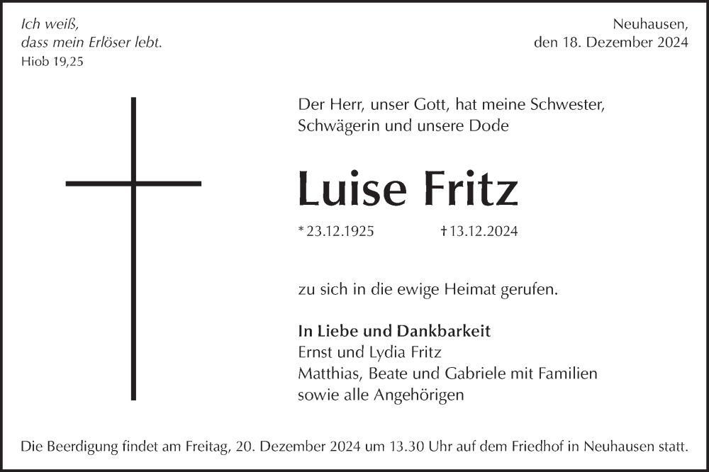  Traueranzeige für Luise Fritz vom 18.12.2024 aus Alb-Bote/Metzinger-Uracher Volksblatt