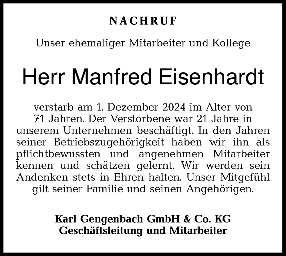  Traueranzeige für Manfred Eisenhardt vom 12.12.2024 aus Haller Tagblatt