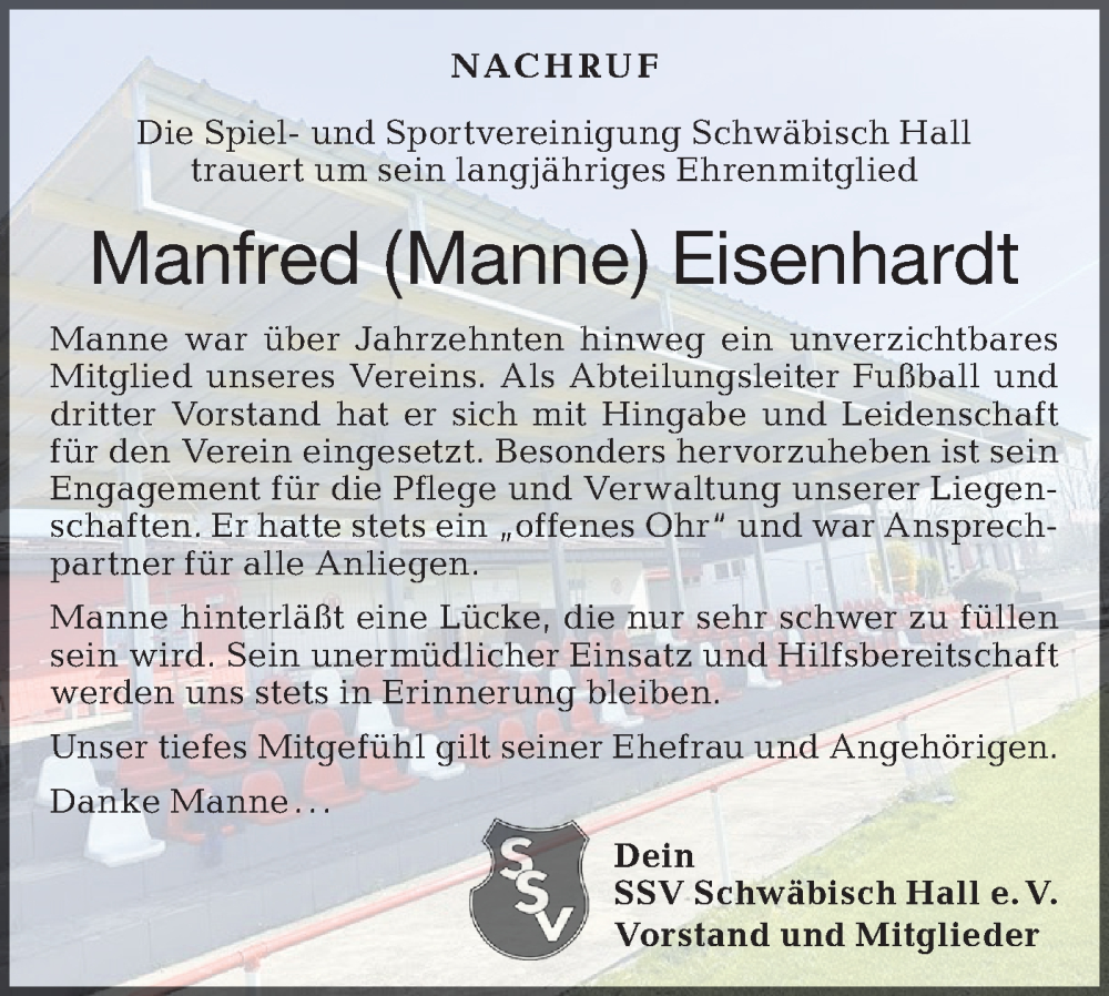  Traueranzeige für Manfred Eisenhardt vom 16.12.2024 aus Haller Tagblatt
