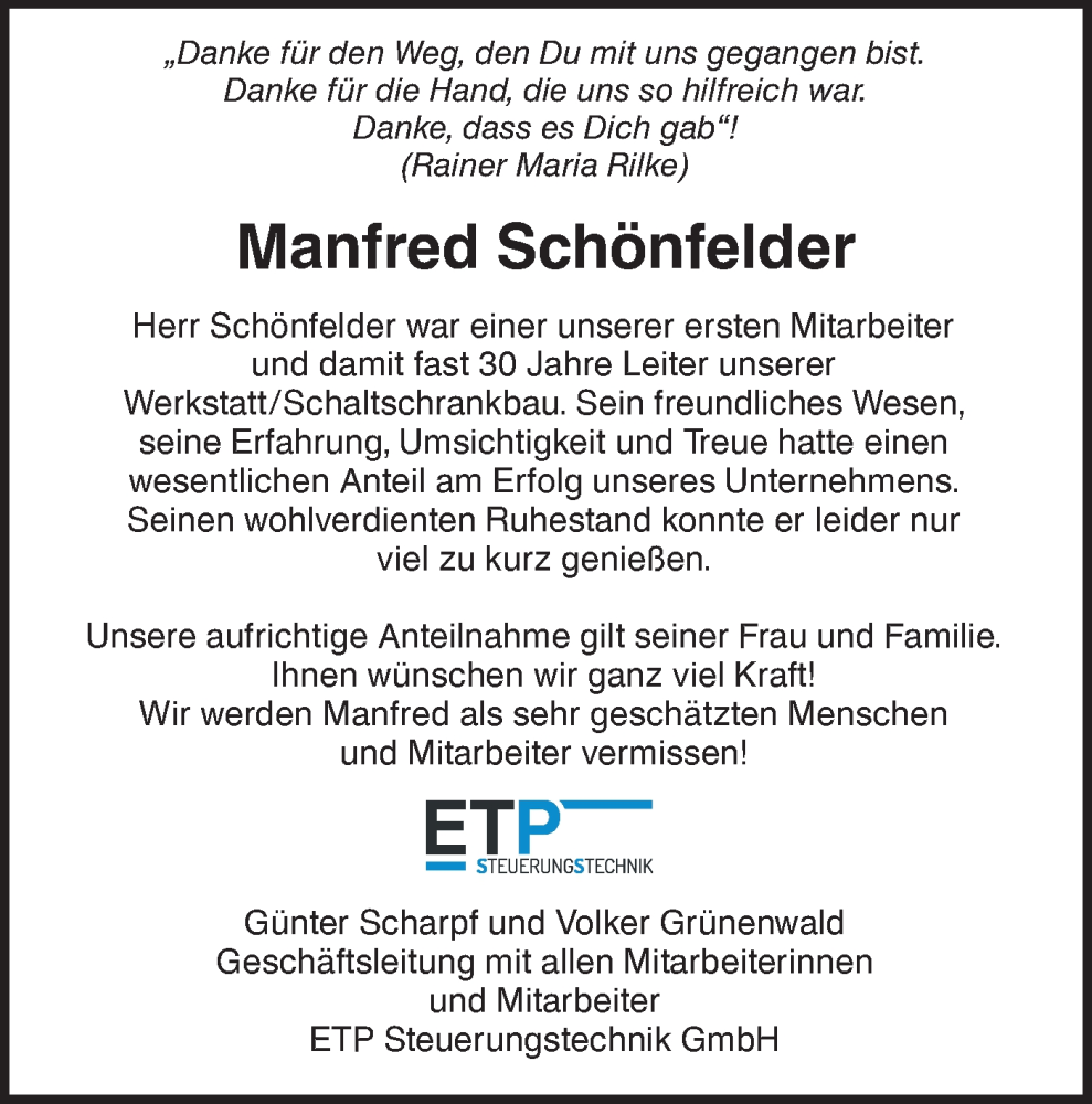  Traueranzeige für Manfred Schönfelder vom 18.12.2024 aus NWZ Neue Württembergische Zeitung