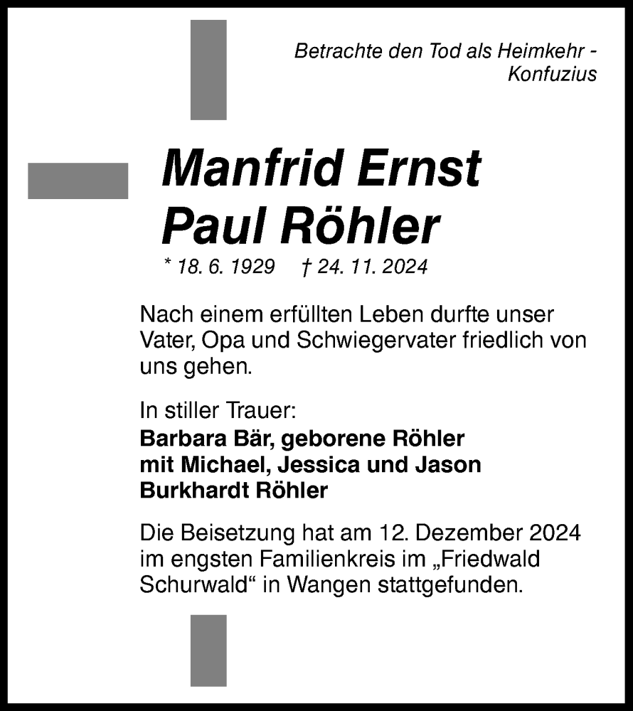  Traueranzeige für Manfrid Ernst Paul Röhler vom 21.12.2024 aus Haller Tagblatt