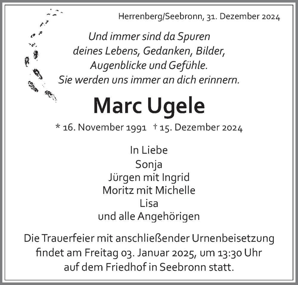  Traueranzeige für Marc Ugele vom 31.12.2024 aus Schwäbische Tagblatt
