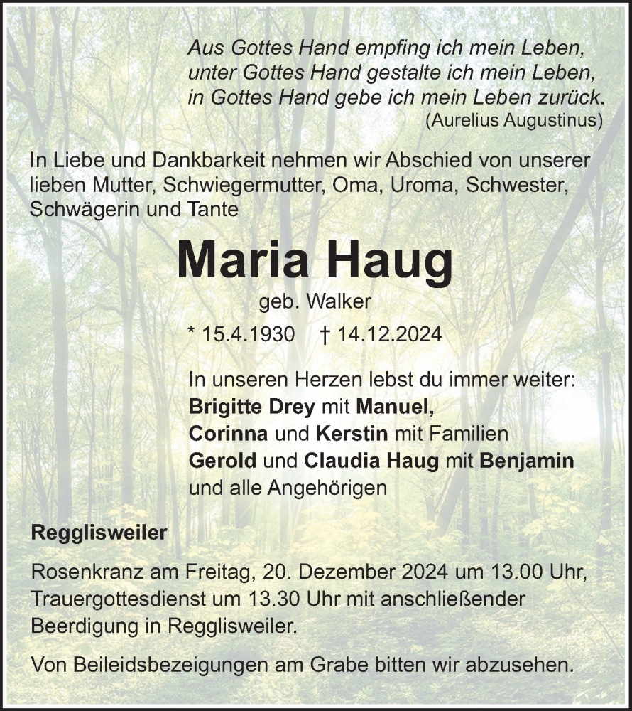  Traueranzeige für Maria Haug vom 18.12.2024 aus SÜDWEST PRESSE Ausgabe Ulm/Neu-Ulm
