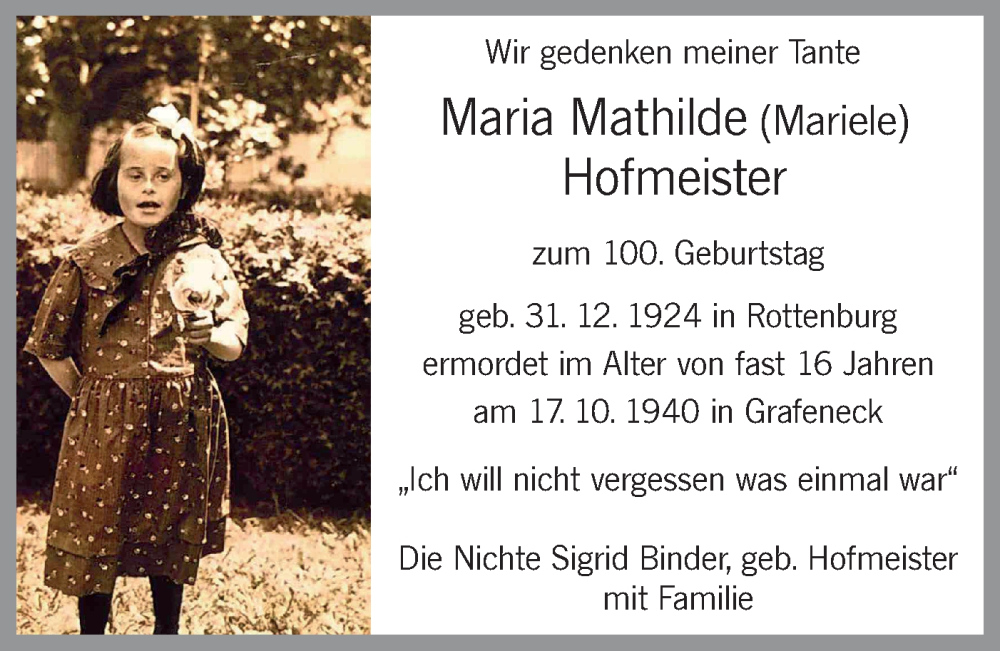  Traueranzeige für Maria Mathilde Hofmeister vom 31.12.2024 aus Schwäbische Tagblatt