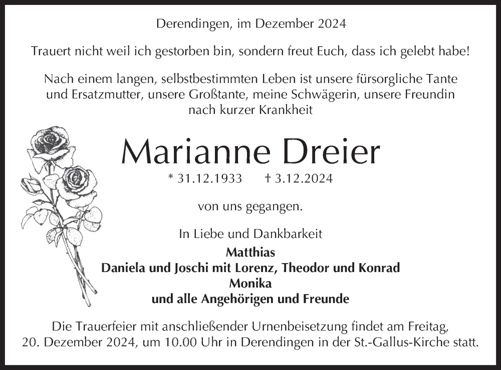  Traueranzeige für Marianne Dreier vom 13.12.2024 aus Schwäbische Tagblatt