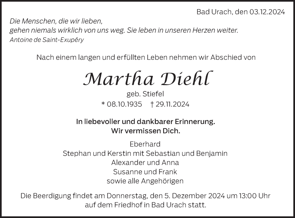  Traueranzeige für Martha Diehl vom 03.12.2024 aus Alb-Bote/Metzinger-Uracher Volksblatt