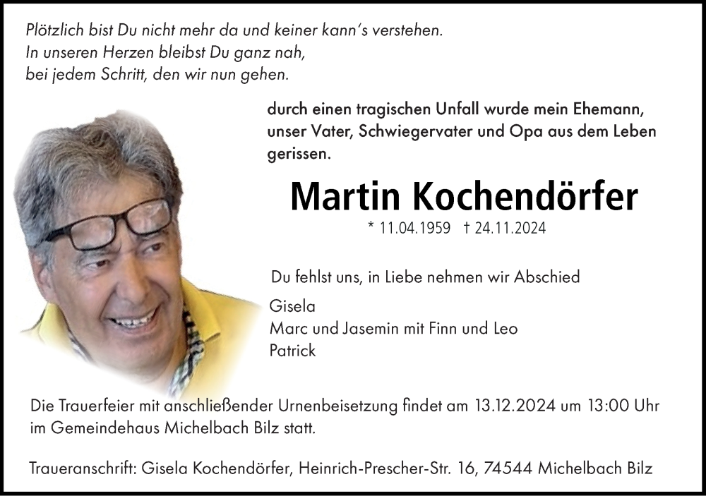  Traueranzeige für Martin Kochendörfer vom 07.12.2024 aus Haller Tagblatt