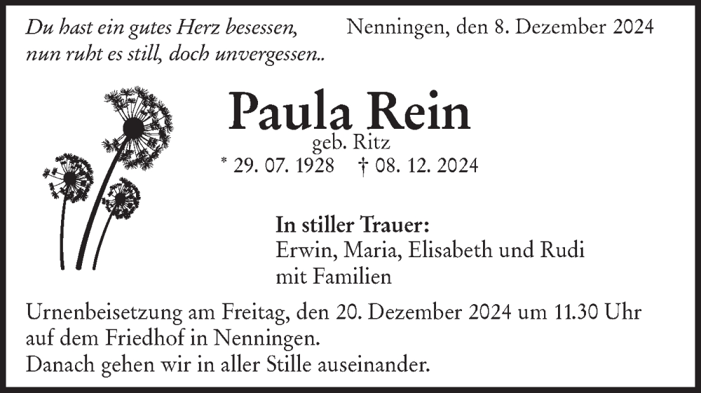  Traueranzeige für Paula Rein vom 14.12.2024 aus NWZ Neue Württembergische Zeitung