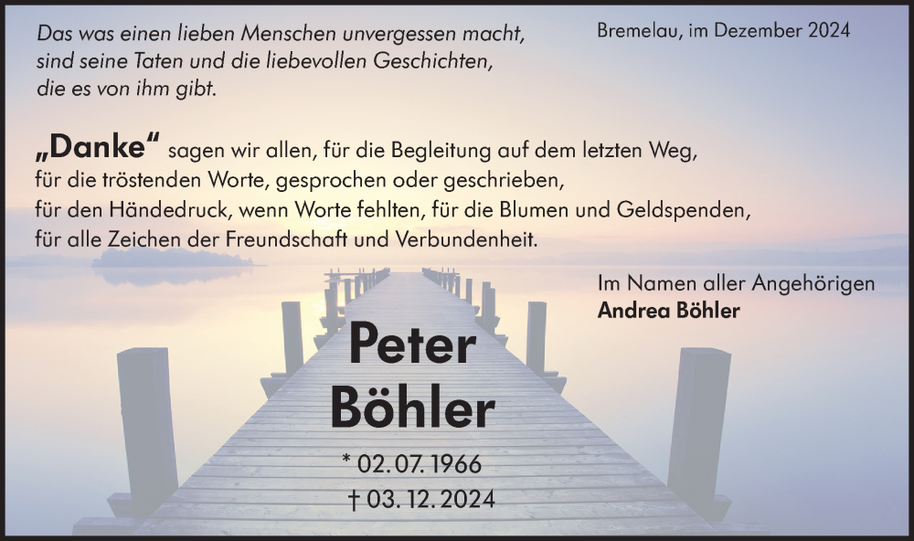  Traueranzeige für Peter Böhler vom 30.12.2024 aus Alb-Bote/Metzinger-Uracher Volksblatt