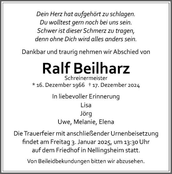 Traueranzeige von Ralf Beilharz von Schwäbische Tagblatt