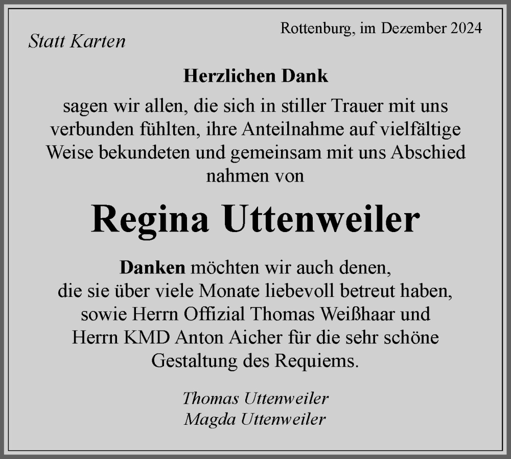  Traueranzeige für Regina Uttenweiler vom 21.12.2024 aus Schwäbische Tagblatt