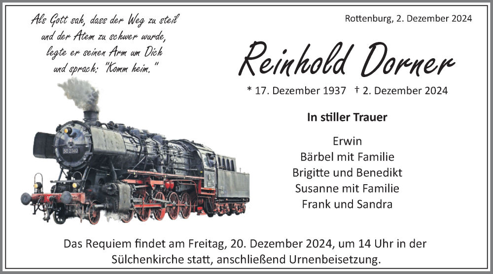  Traueranzeige für Reinhold Dorner vom 14.12.2024 aus Schwäbische Tagblatt