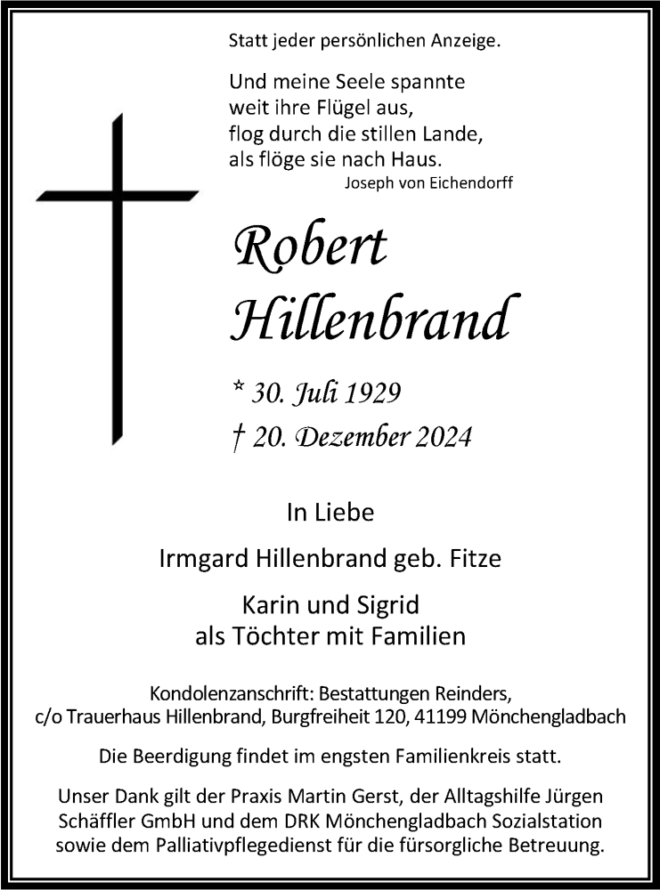  Traueranzeige für Robert Hillenbrand vom 28.12.2024 aus NWZ Neue Württembergische Zeitung