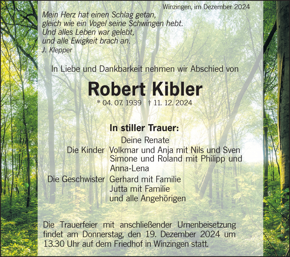  Traueranzeige für Robert Kibler vom 14.12.2024 aus NWZ Neue Württembergische Zeitung